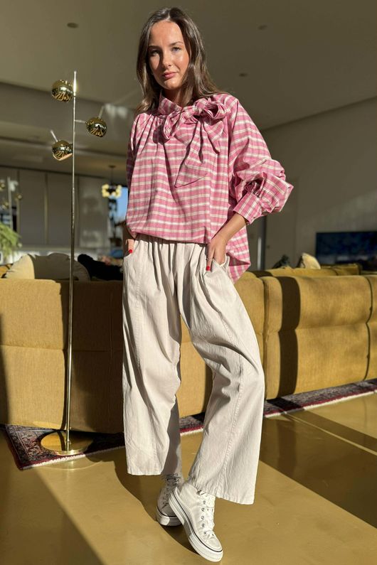 Ophelia Plaid Tie Neck Blouse Peony /15=